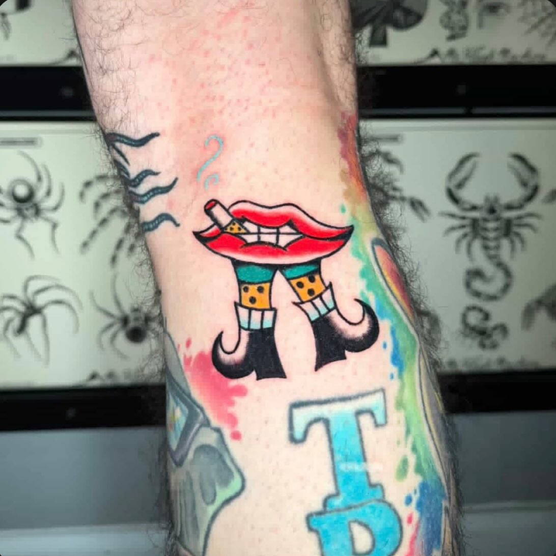 Lips with cigarette American traditional tattoo on the forearm by ★ eliza rodriguez🇲🇽 ★