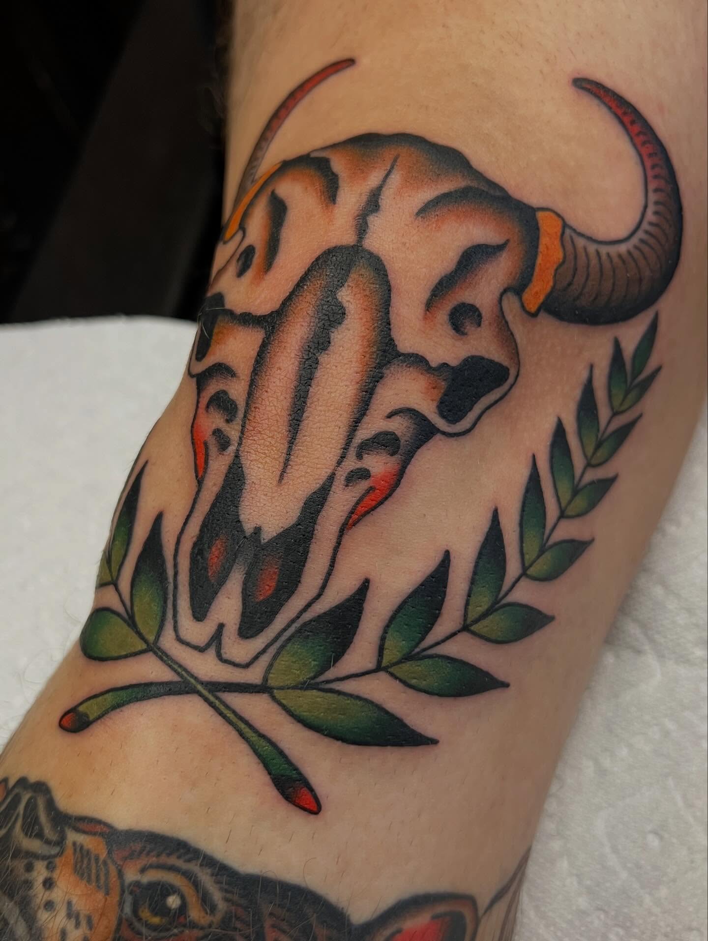 Bull skull with laurel wreath American traditional tattoo on the forearm by Kelsey Lane