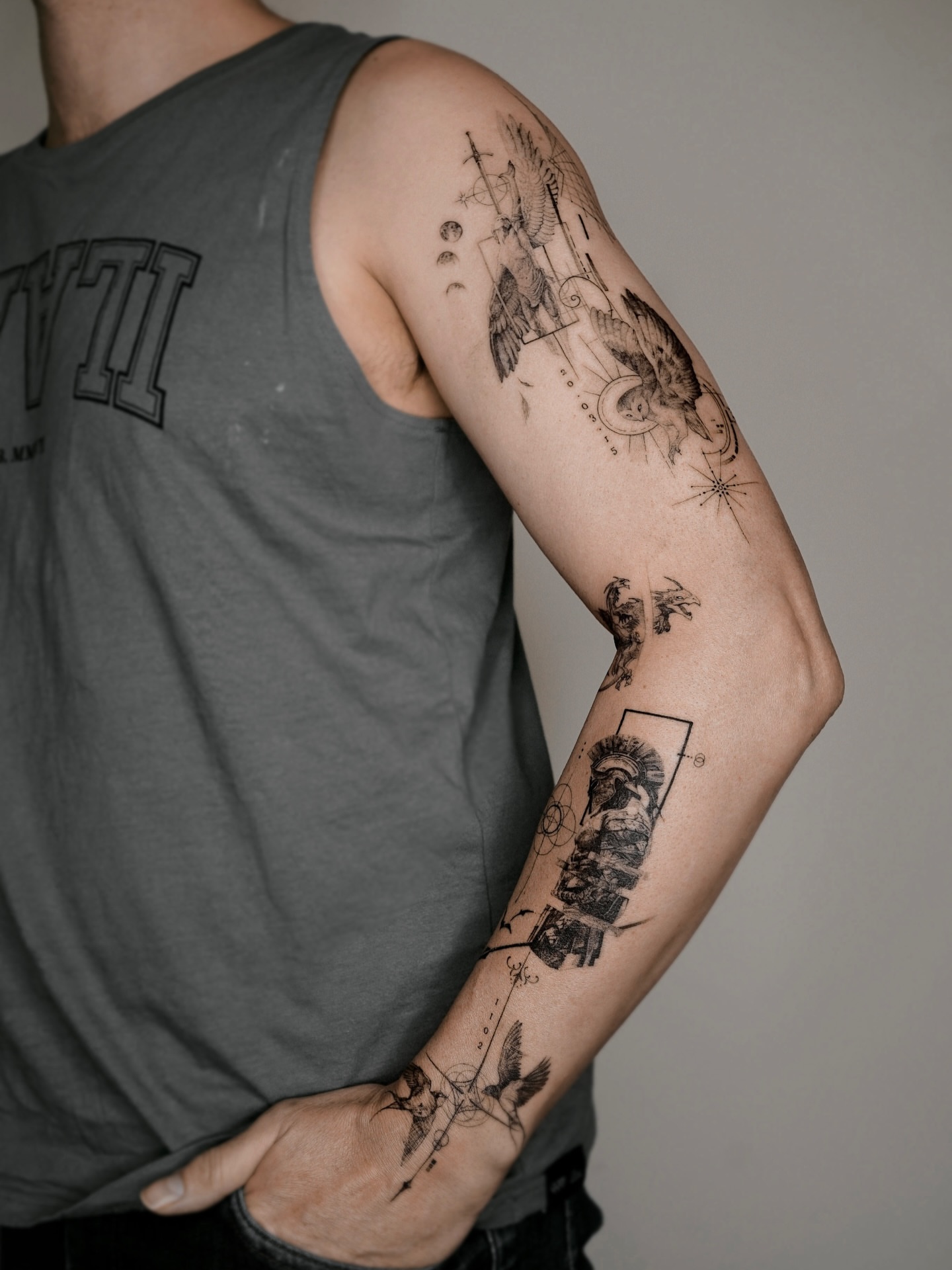 Religious iconography black and grey tattoo on the forearm by Yeonji