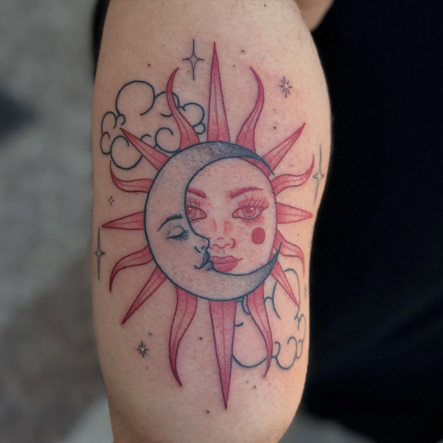 Sun and moon dotwork tattoo on the forearm by Erica Rose π€