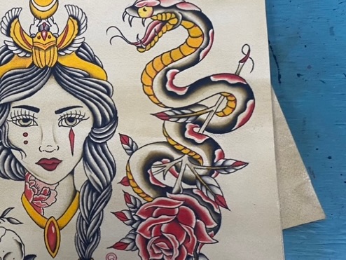 Woman with snake and roses American traditional tattoo by Giuseppe T.C.