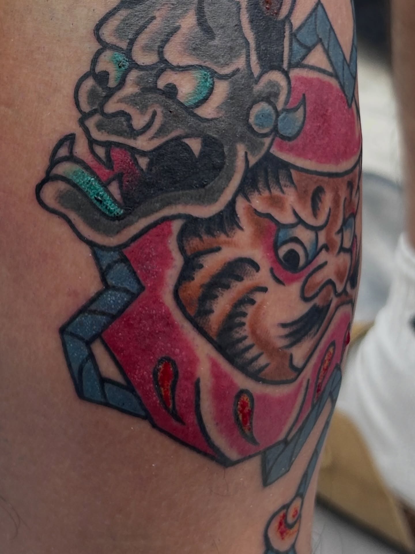 Demon mask American traditional tattoo on the forearm by キノ 🦊