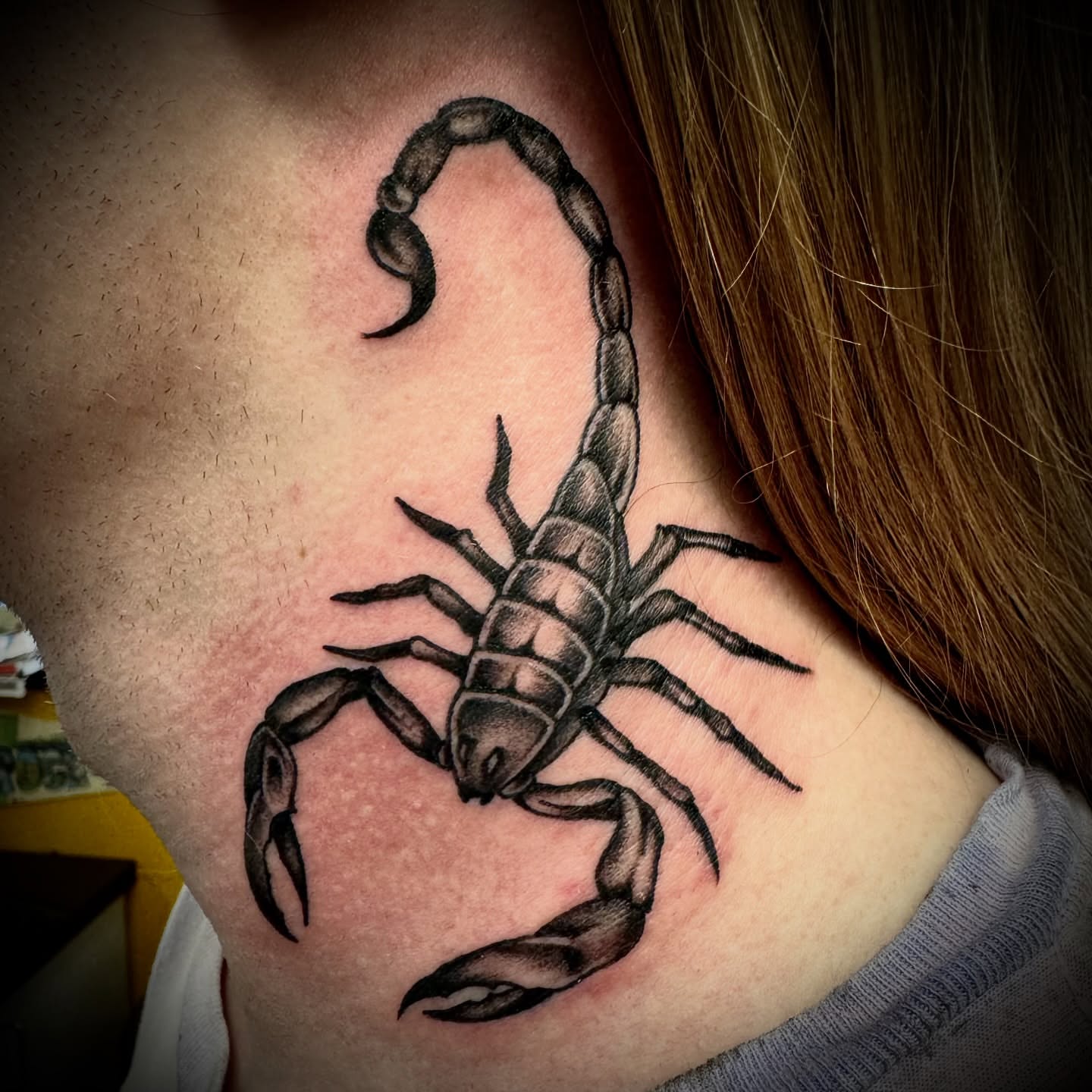 Scorpion black and grey tattoo on the shoulder by Kristen