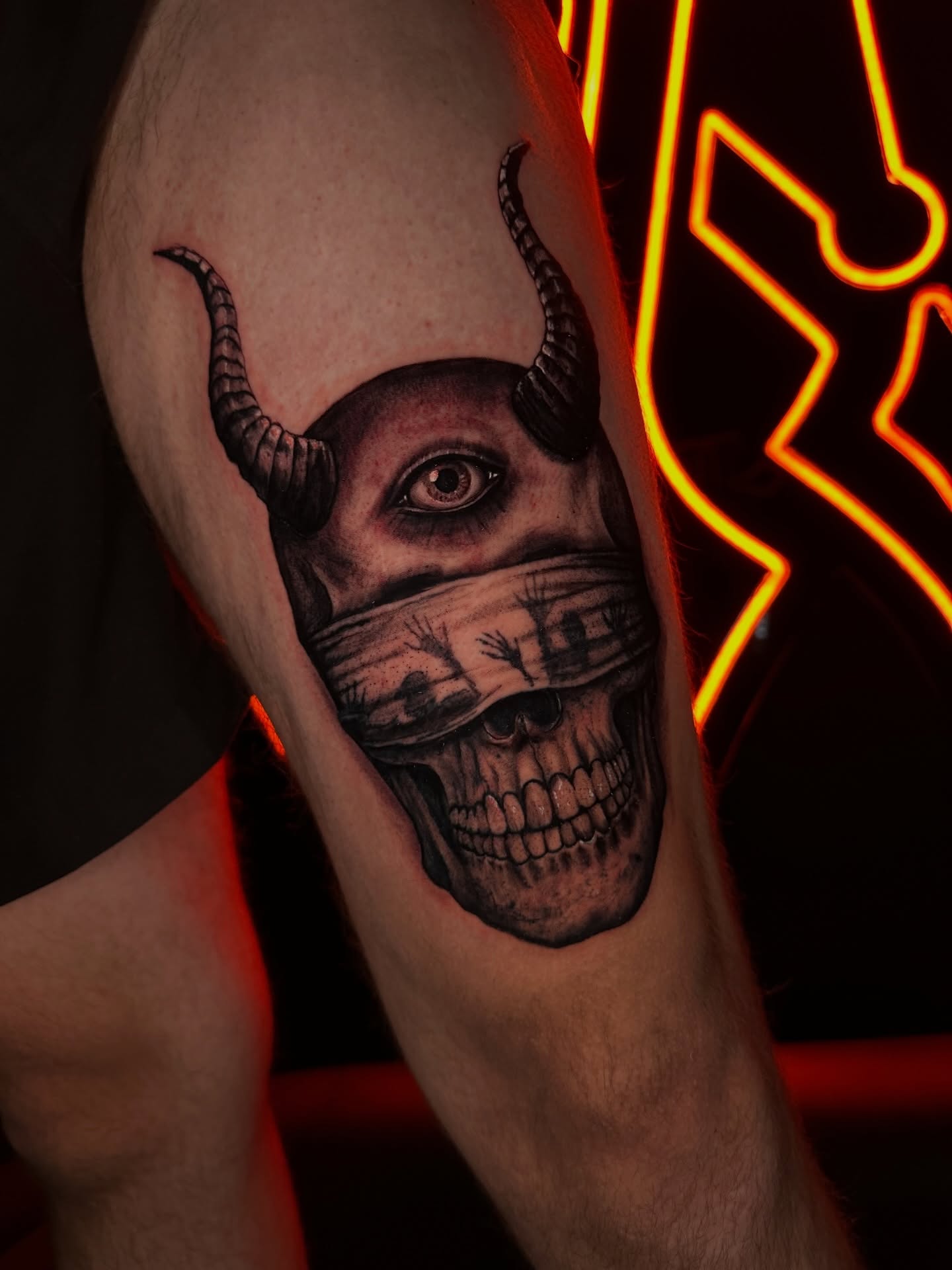 Demon skull dark realism tattoo on the forearm by Ryan Hindenach