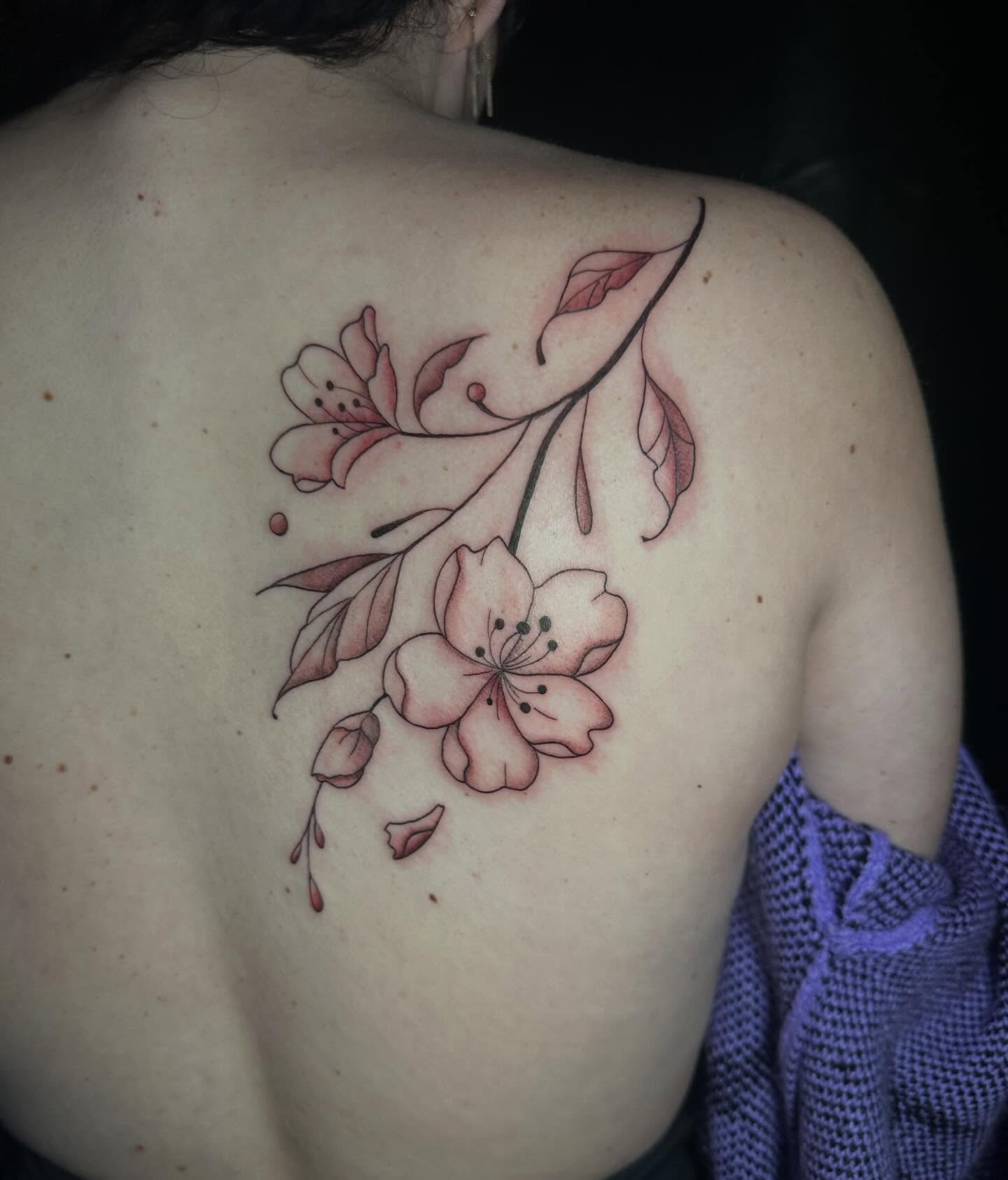 Cherry blossoms dotwork tattoo on the shoulder by Sam, Mount Laurel, New Jersey