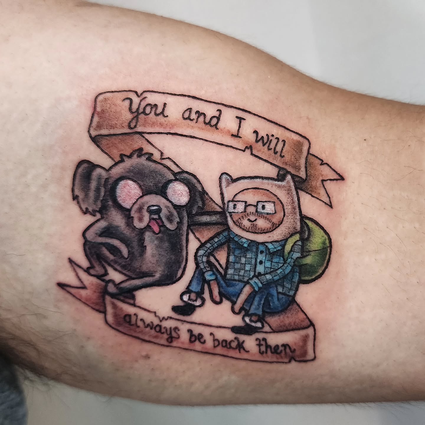 Adventure Time characters dotwork tattoo on the forearm by Lindsey Andrew, Englewood, Colorado