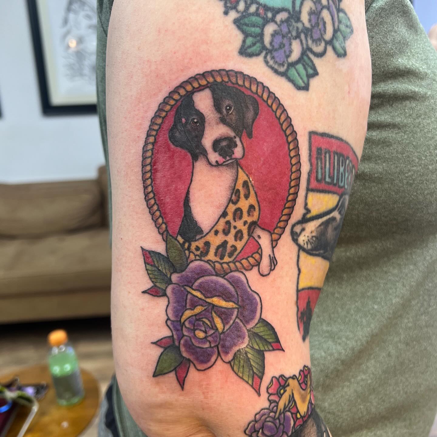 Dog portrait American traditional tattoo on the forearm by Victorian Coleman