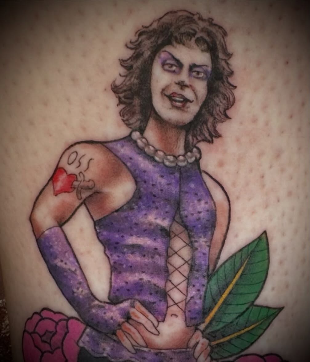 Woman with purple dress American traditional tattoo on the torso by Alan