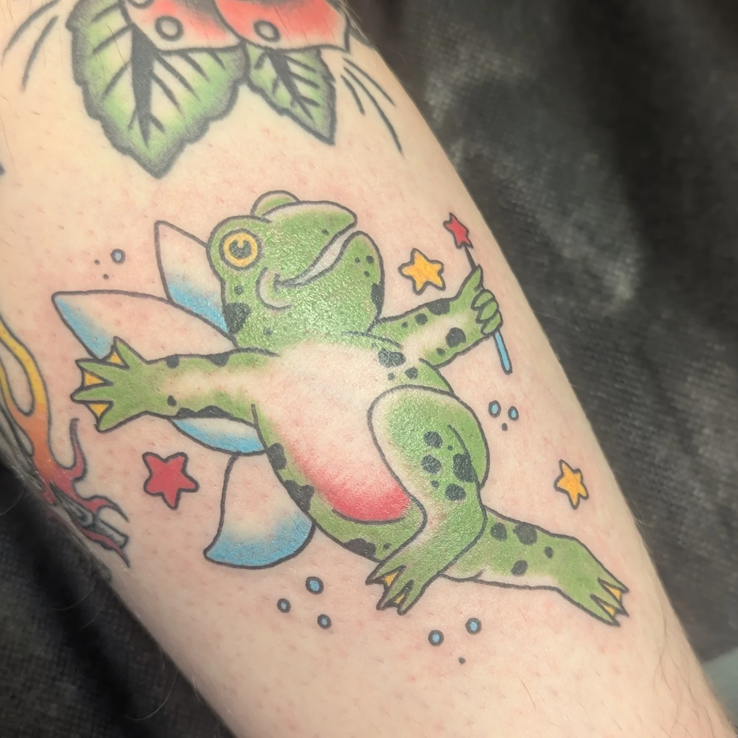 Flying frog American traditional tattoo on the forearm by ♡ Cora ♡
