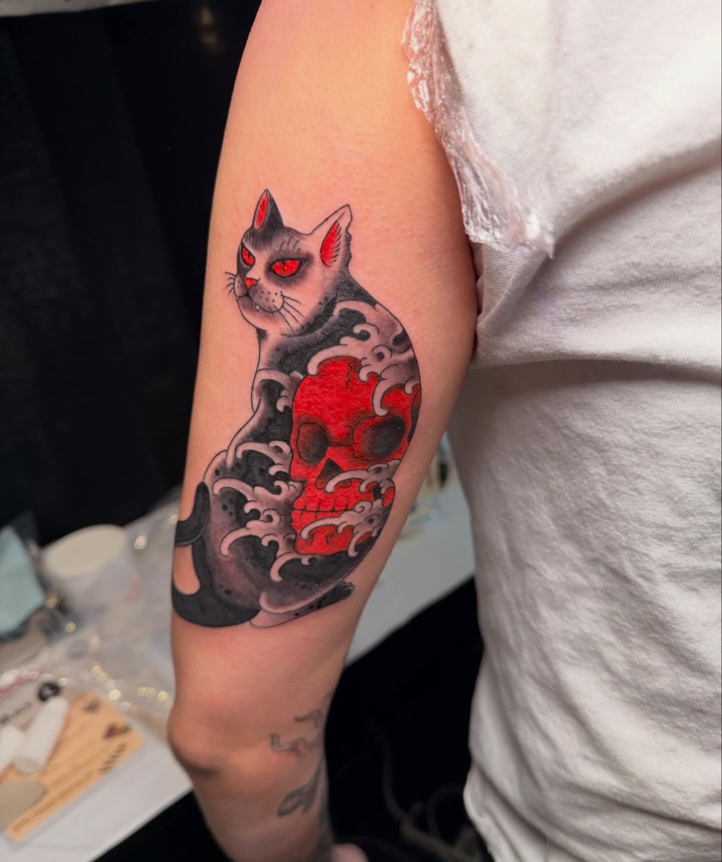 Cat and skull japanese irezumi tattoo on the forearm by ππππππ