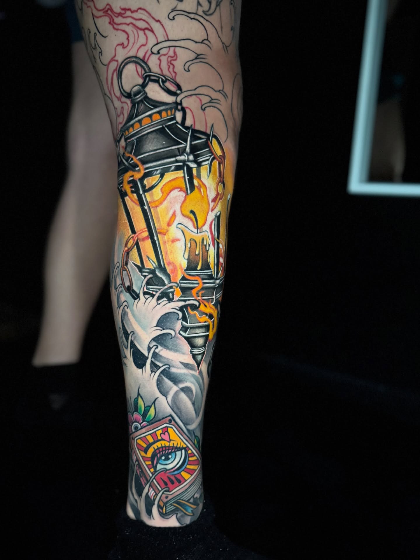 Lantern and flame American traditional tattoo on the forearm by Yanko Reyes