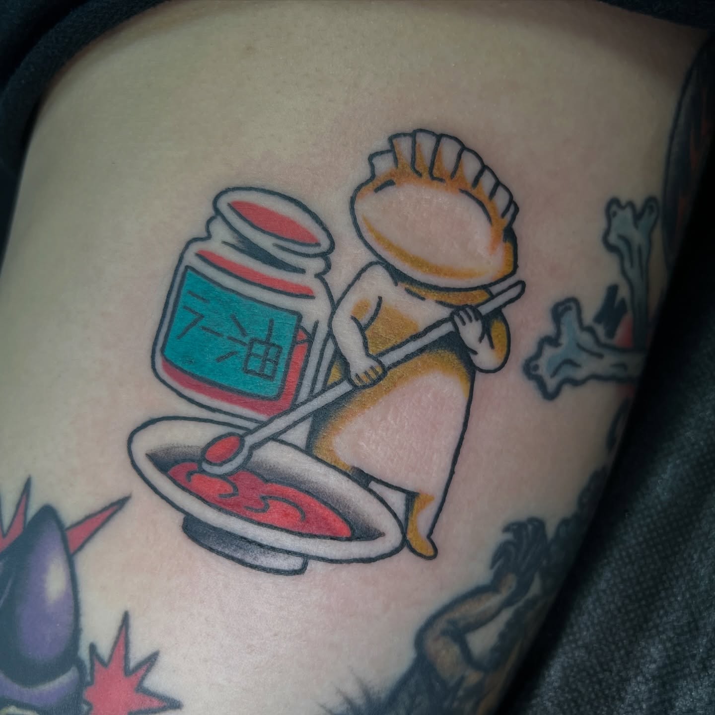 Chef character American traditional tattoo on the thigh by 🍊Harvey Perez 🍊, Deerfield Beach, Florida