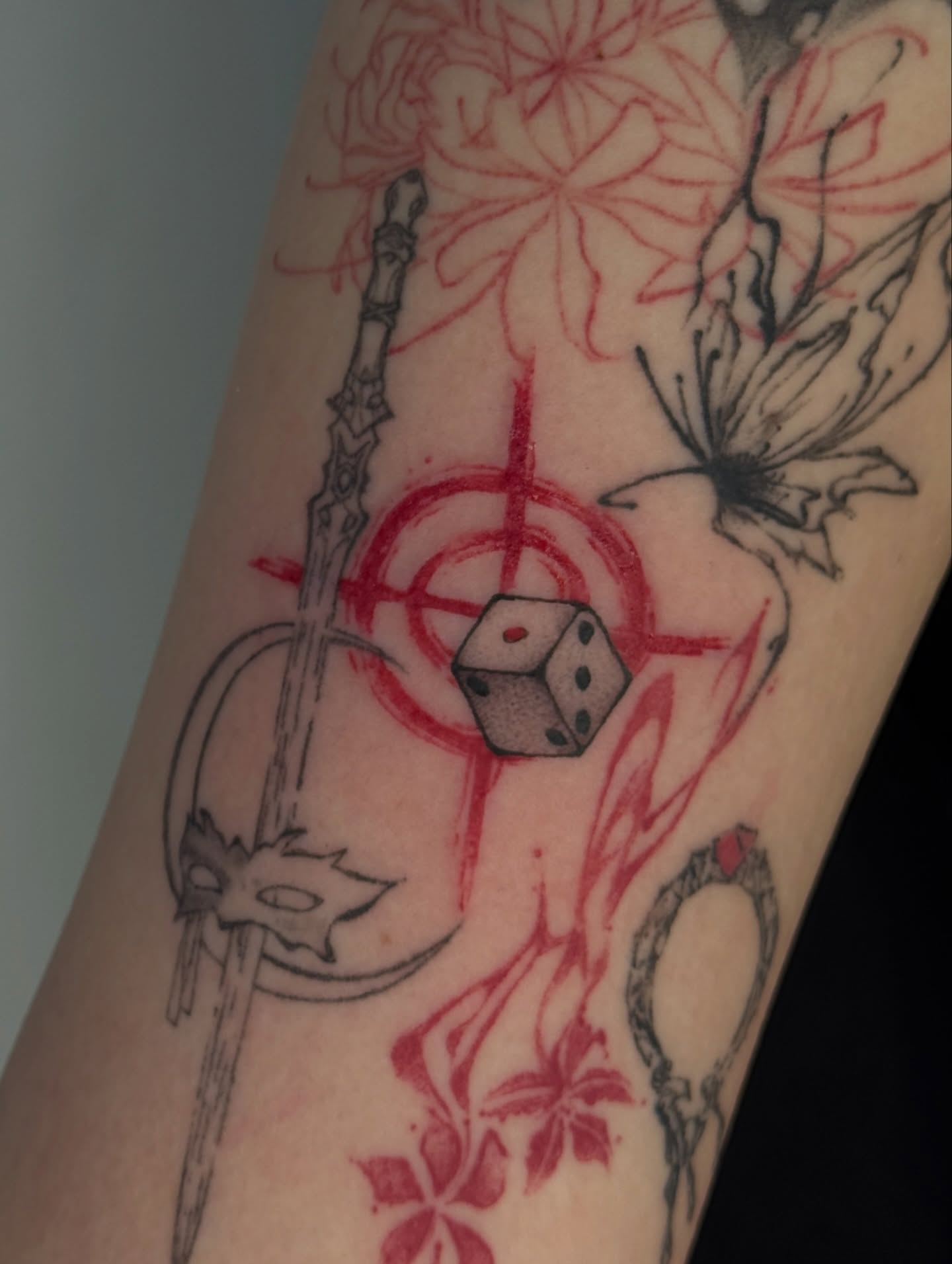 Dice and sword dotwork tattoo on the forearm by ink by kimmy ☾⋆⁺₊⋆