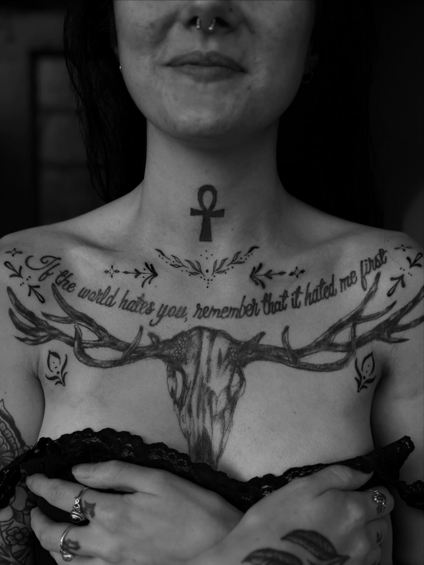 Deer skull and antlers realism tattoo on the chest by Lauren Deets