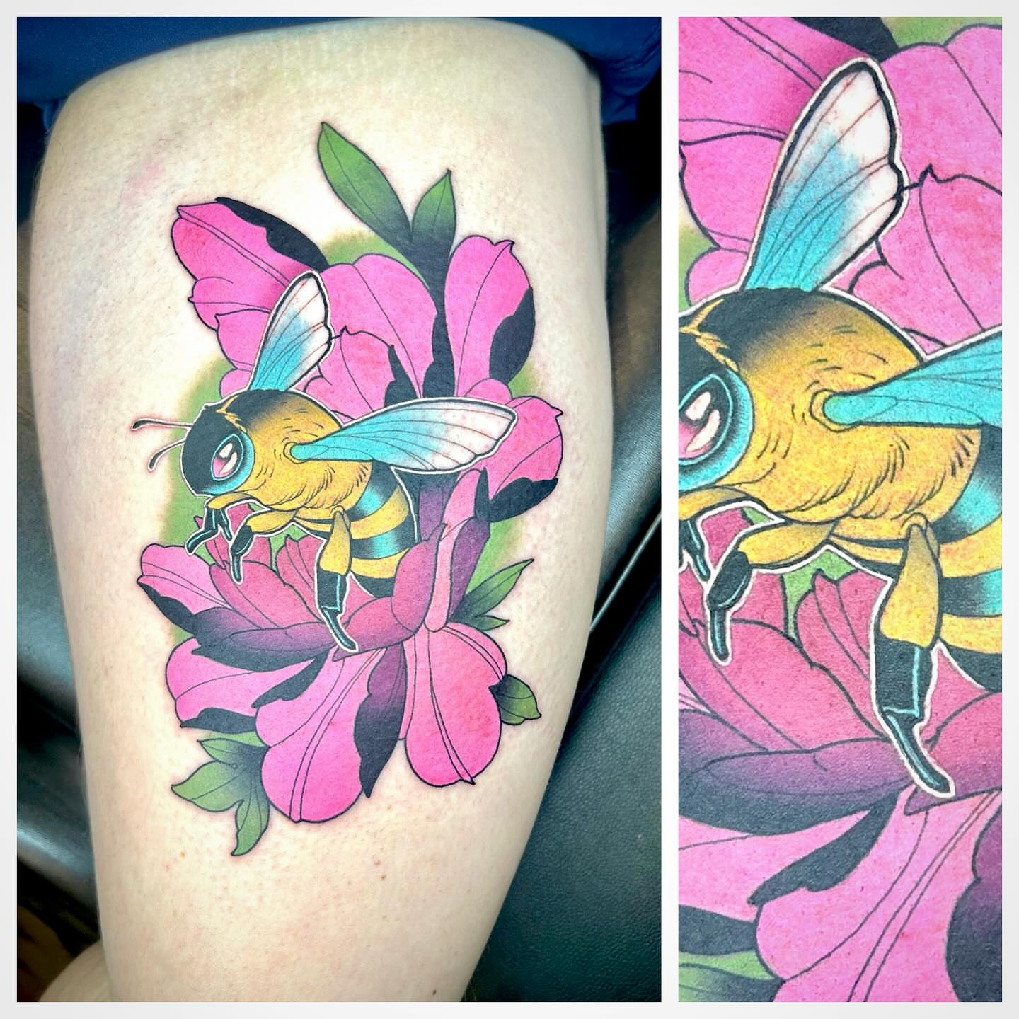 Bee and flower new school tattoo on the thigh by Steve Hooker