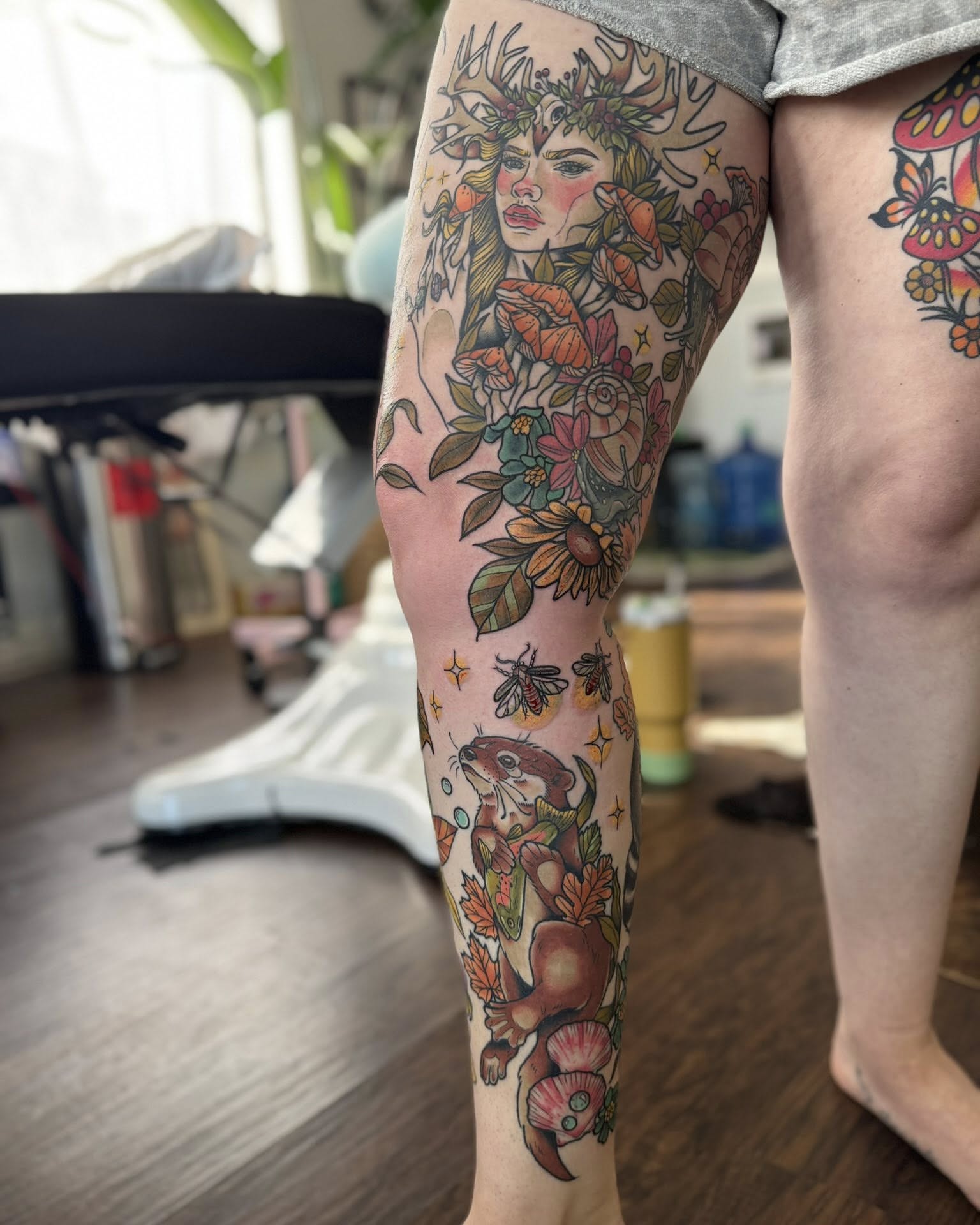 Forest-themed new school tattoo on the calf by Eden Rose, Kalama, Washington
