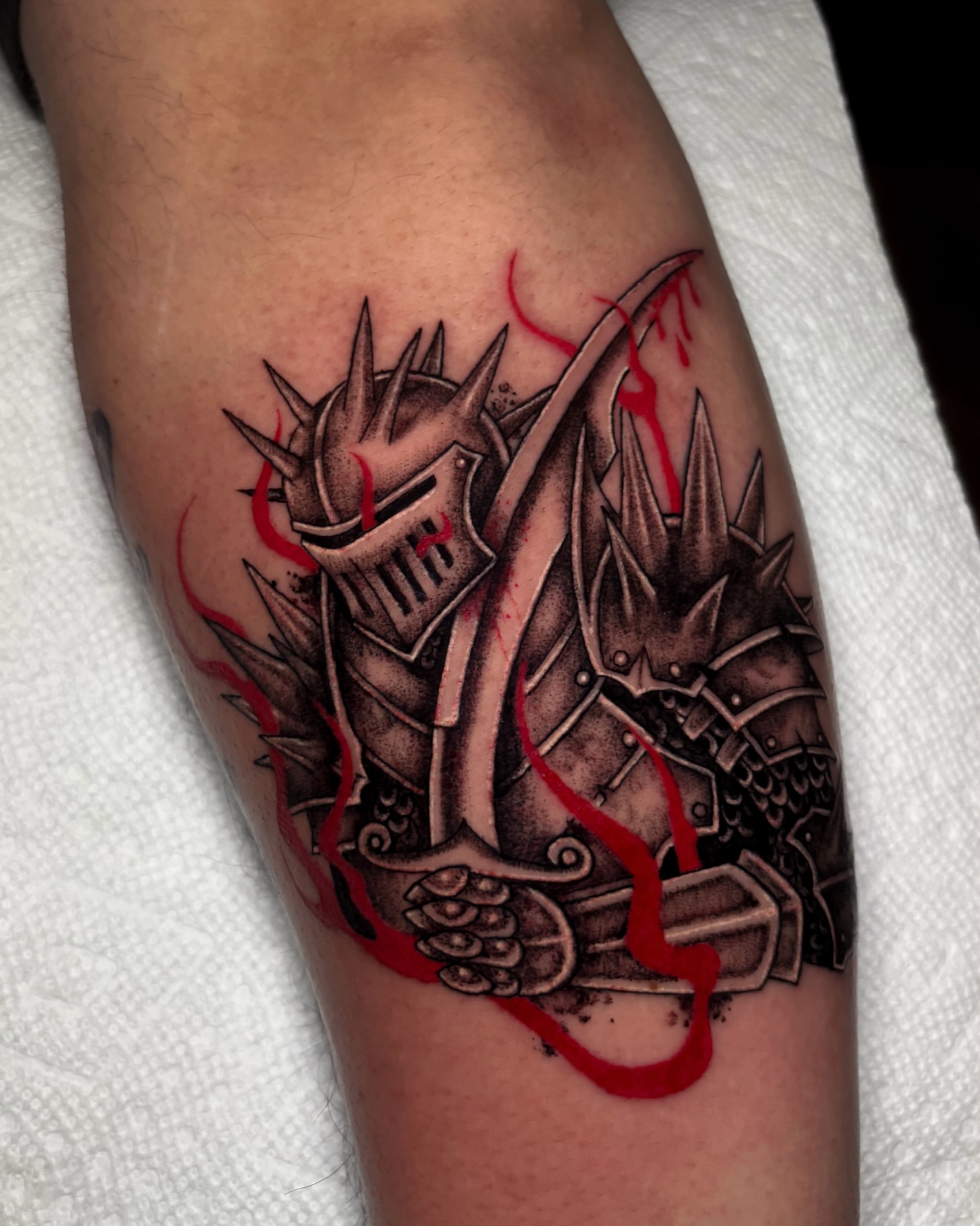 Knight armor black and grey tattoo on the forearm by Sal