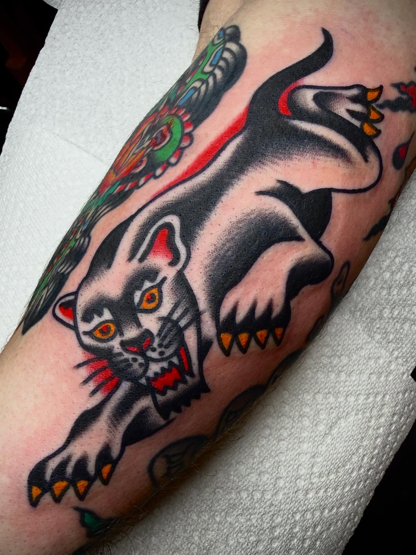 Panther American traditional tattoo on the forearm by Tristan Bradshaw