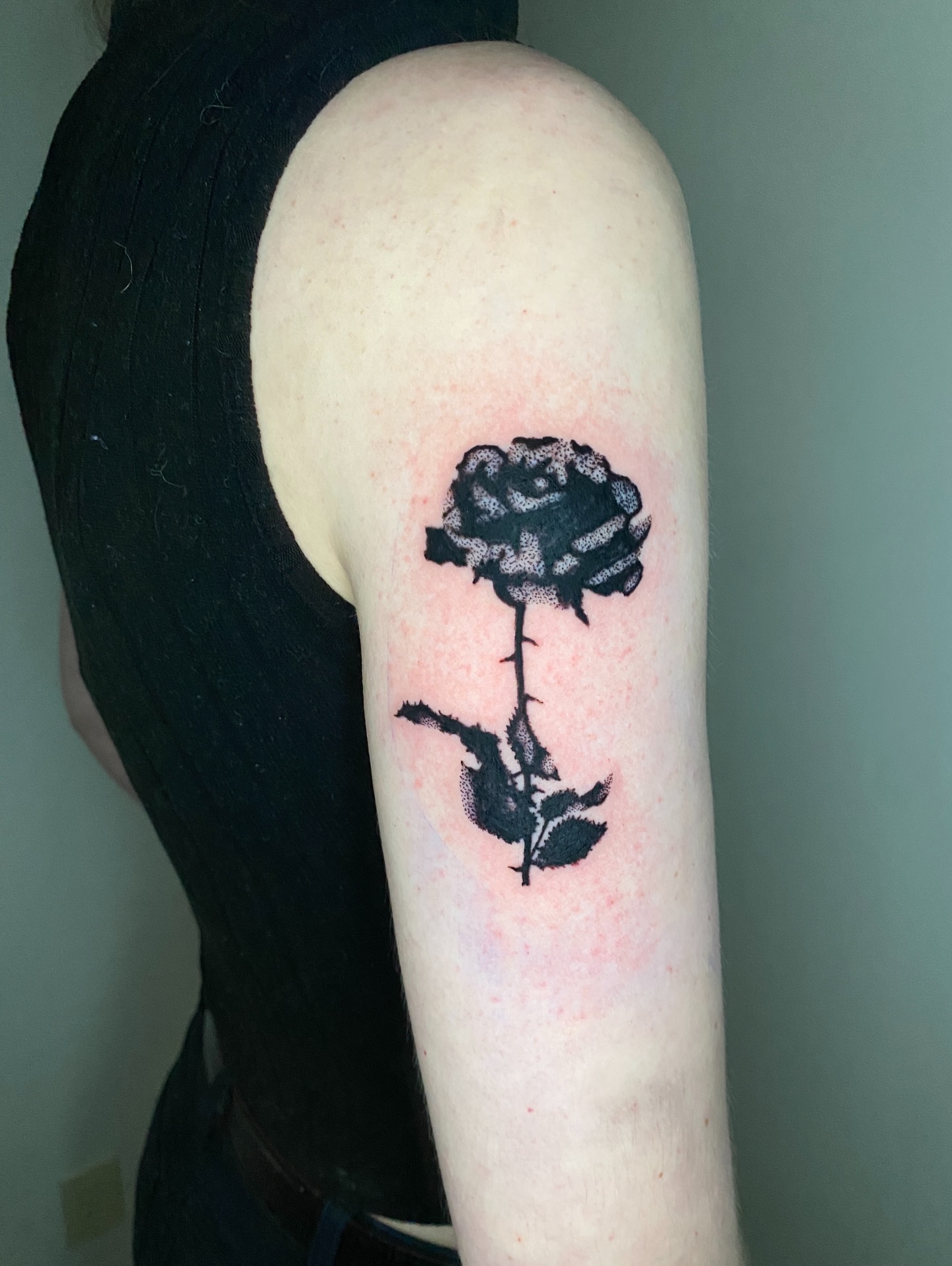 Rose dotwork tattoo on the forearm by Aidan Leery, Portland, Oregon