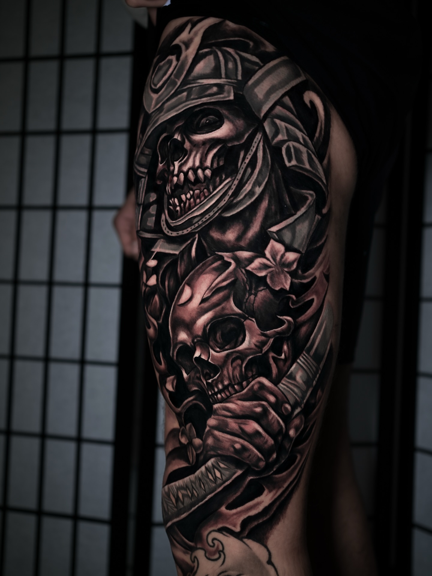 Samurai skull dark realism tattoo on the forearm by Juan David Arias