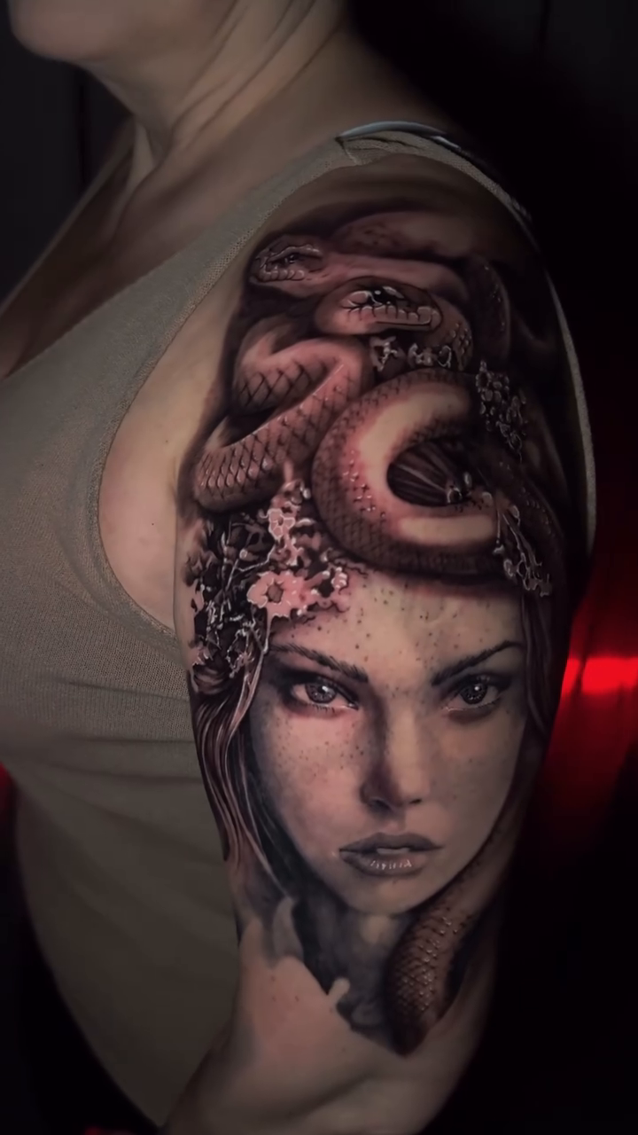Medusa with snakes realism tattoo on the chest by πΈπππ πππ€