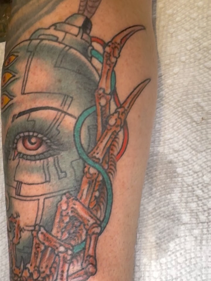 Robot geometric tattoo on the forearm by J Ranno, Richmond, Virginia