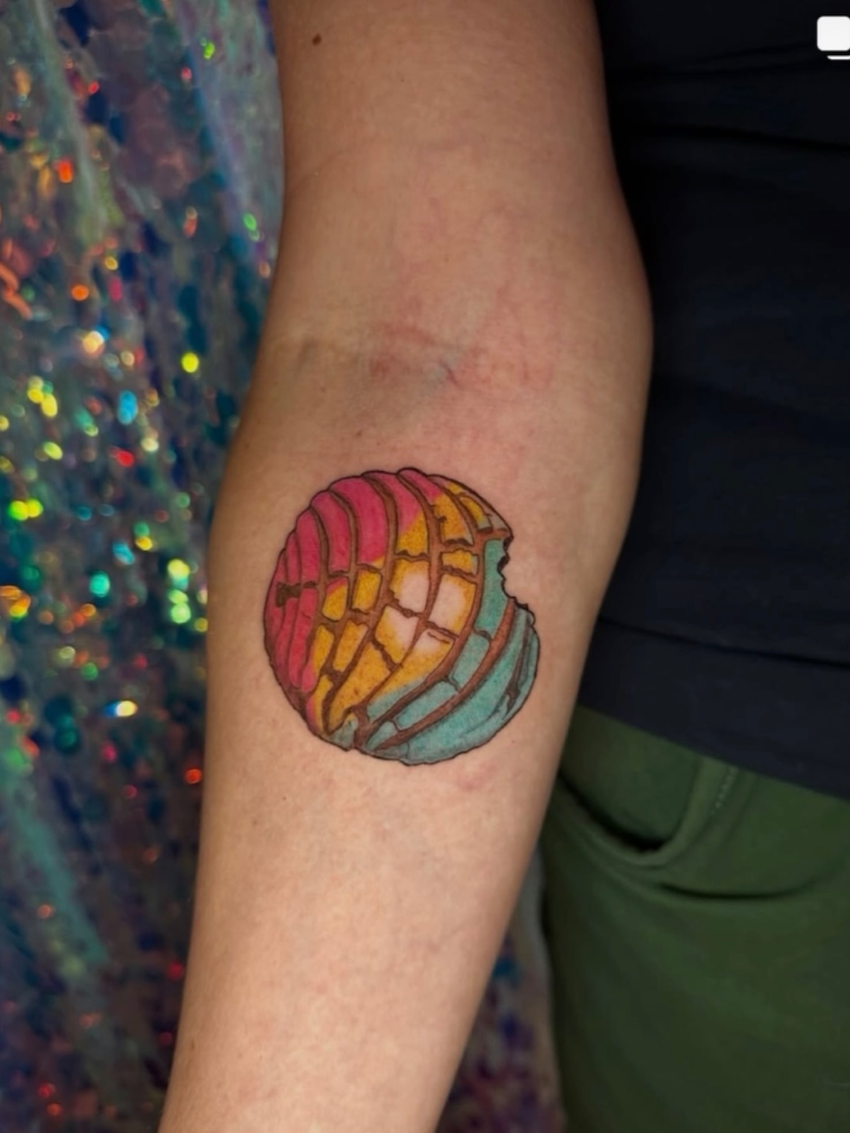 Waffle illustrative tattoo on the forearm by Sunny, Austin, Texas