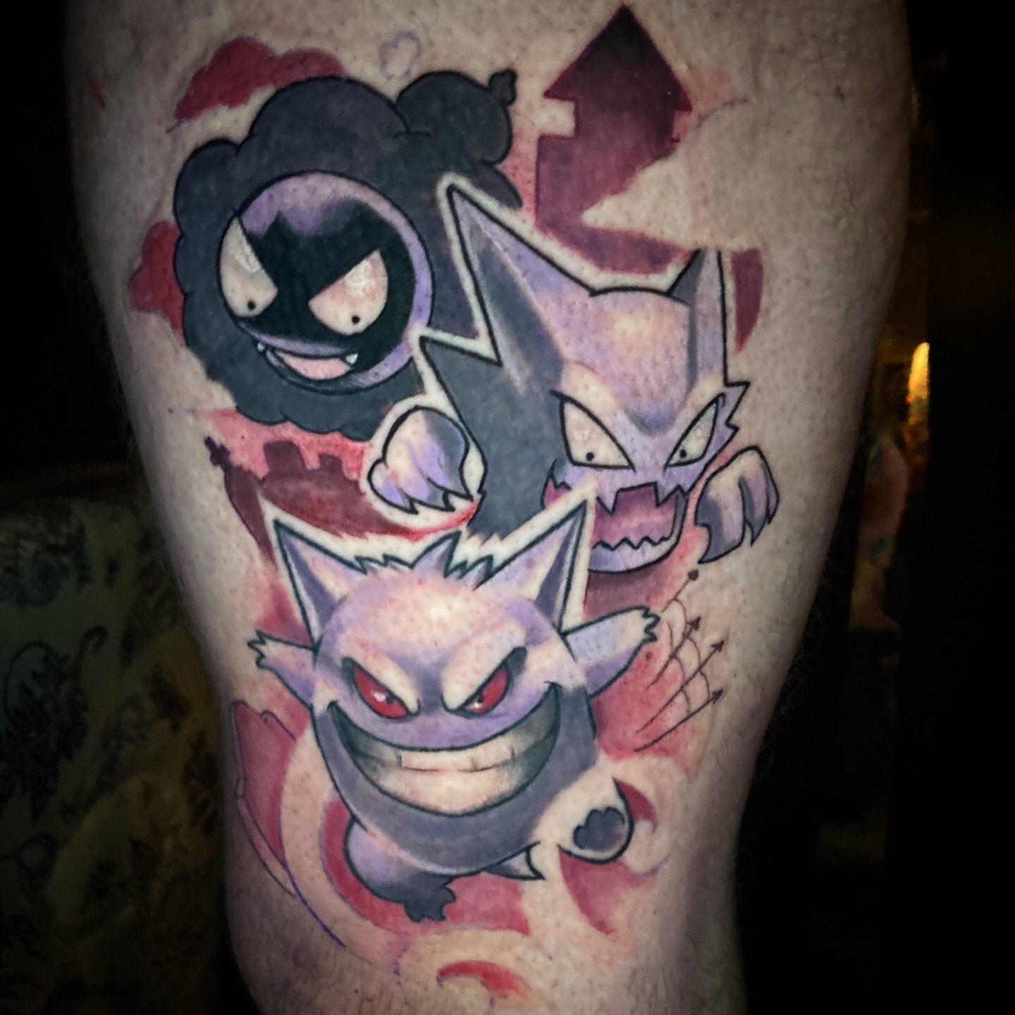 Gengar watercolor tattoo on the leg by Eathan Hale-(East TN) Newschool Tattoo Artist