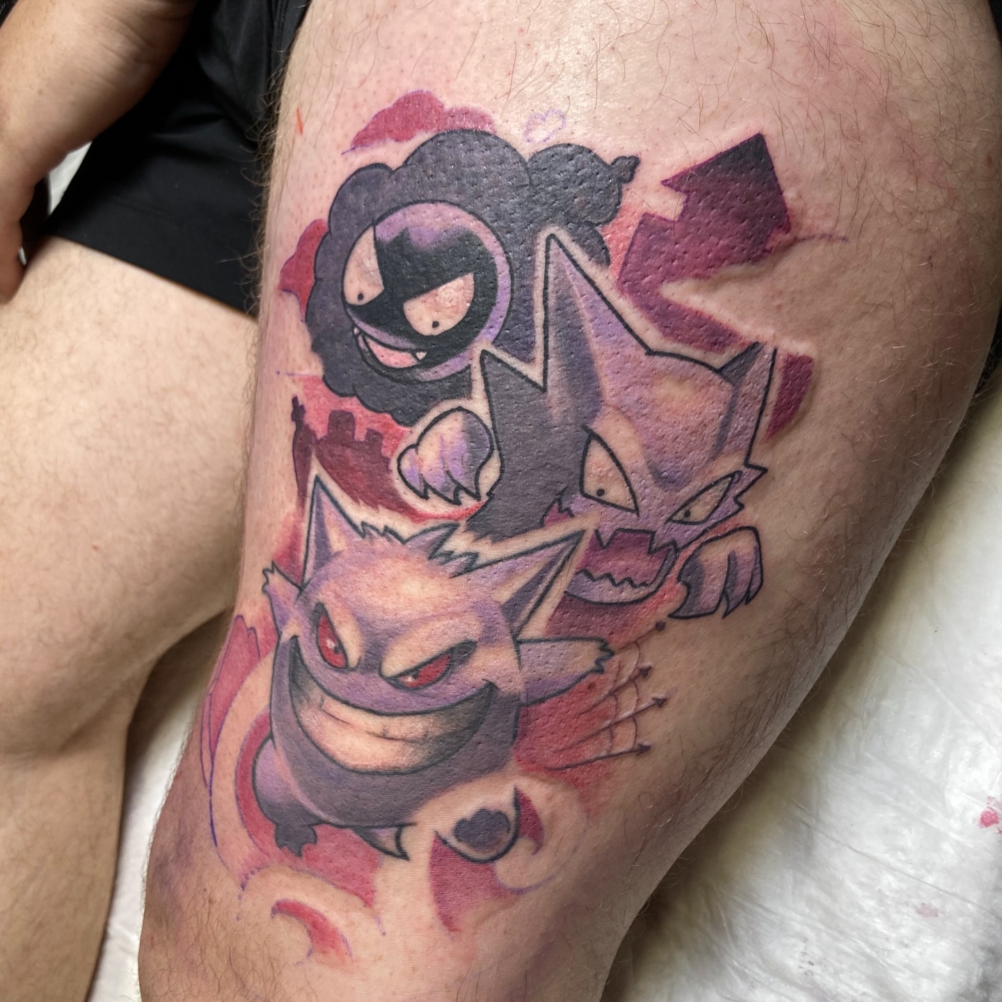 Gengar dotwork tattoo on the thigh by Eathan Hale-(East TN) Newschool Tattoo Artist