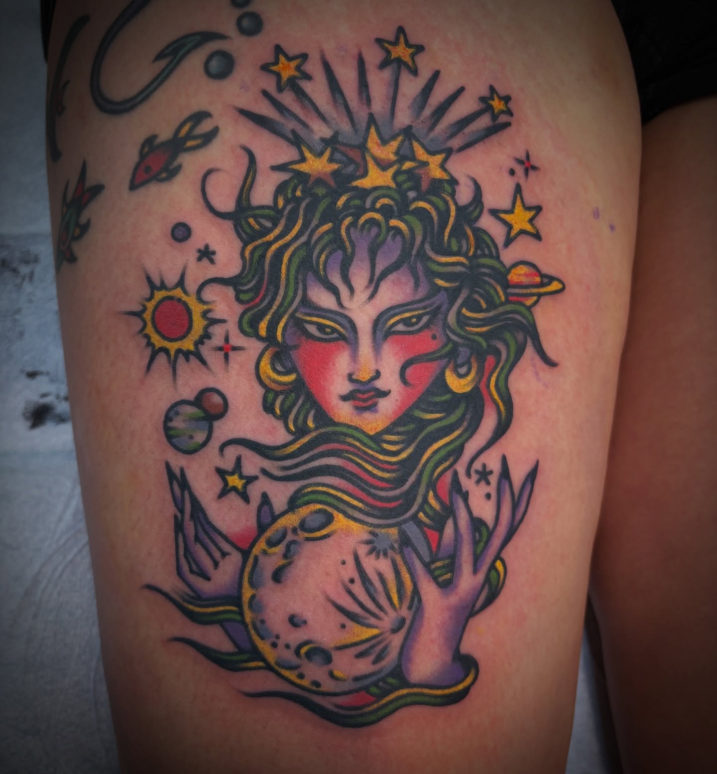 Astral goddess American traditional tattoo on the thigh by Deya Aven, Nashville, Tennessee