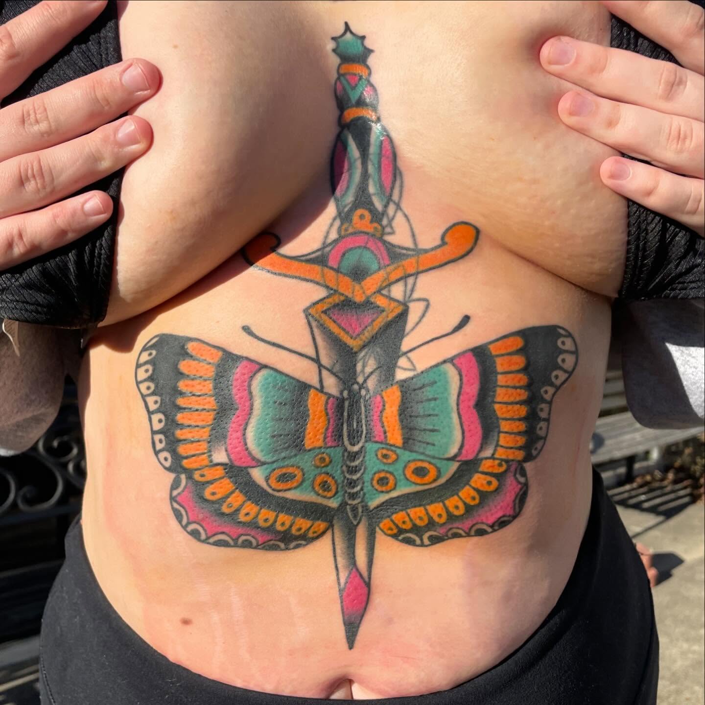 Butterfly Chicano tattoo on the torso by Lainy Lou