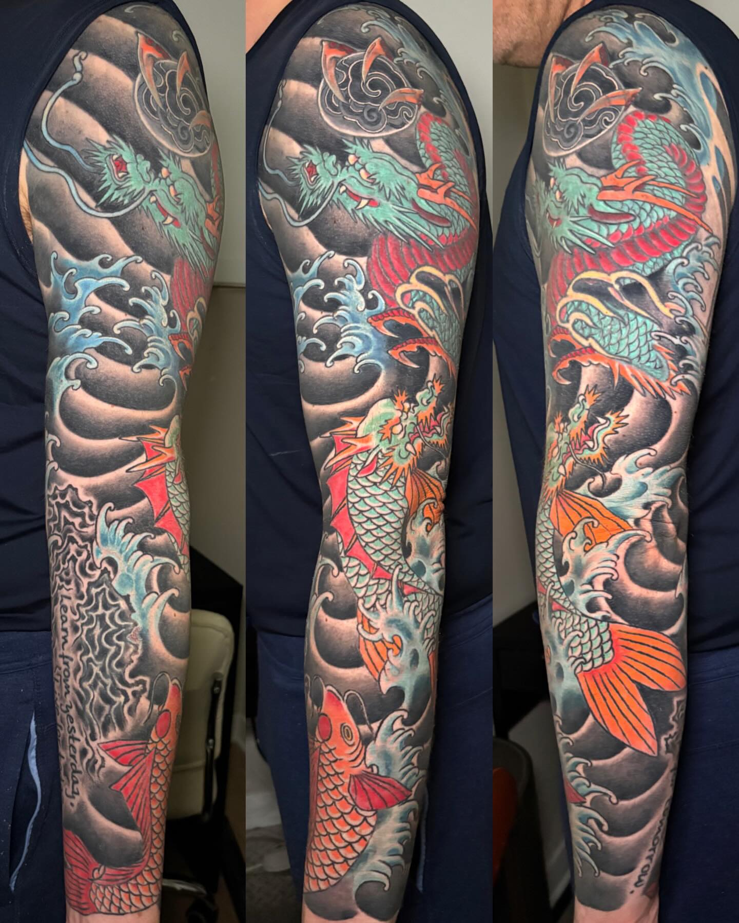 Dragon and koi fish japanese irezumi tattoo on the upper arm by Jamie Yuu, Minneapolis, Minnesota