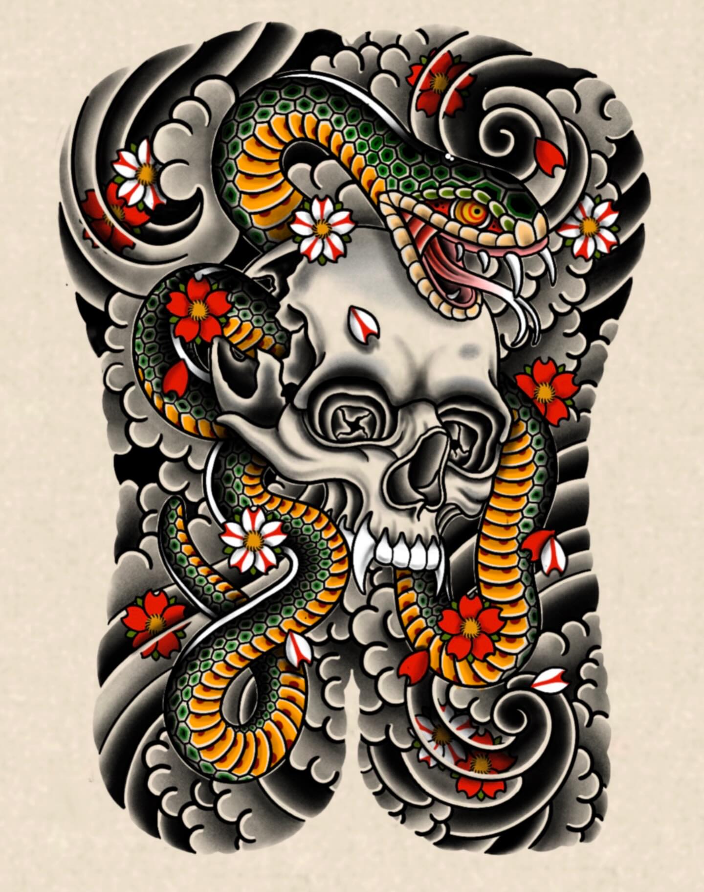 Snake and skull American traditional tattoo by Eoghann McGregor