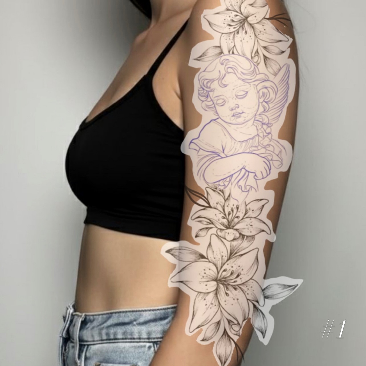 Lilies and cherub black and grey tattoo on the forearm by @tattoosbyskyeee