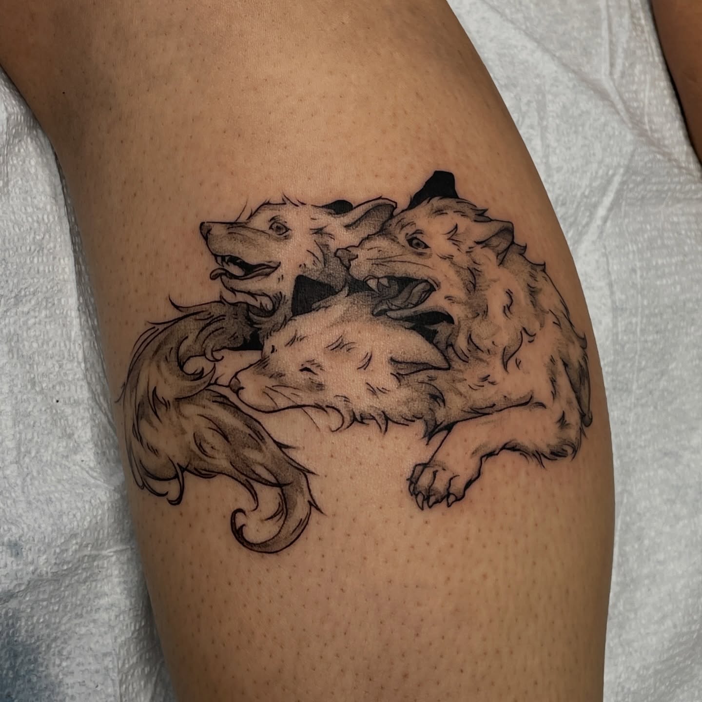 Dogs black and grey tattoo on the thigh by Mia 	\(★ω★)