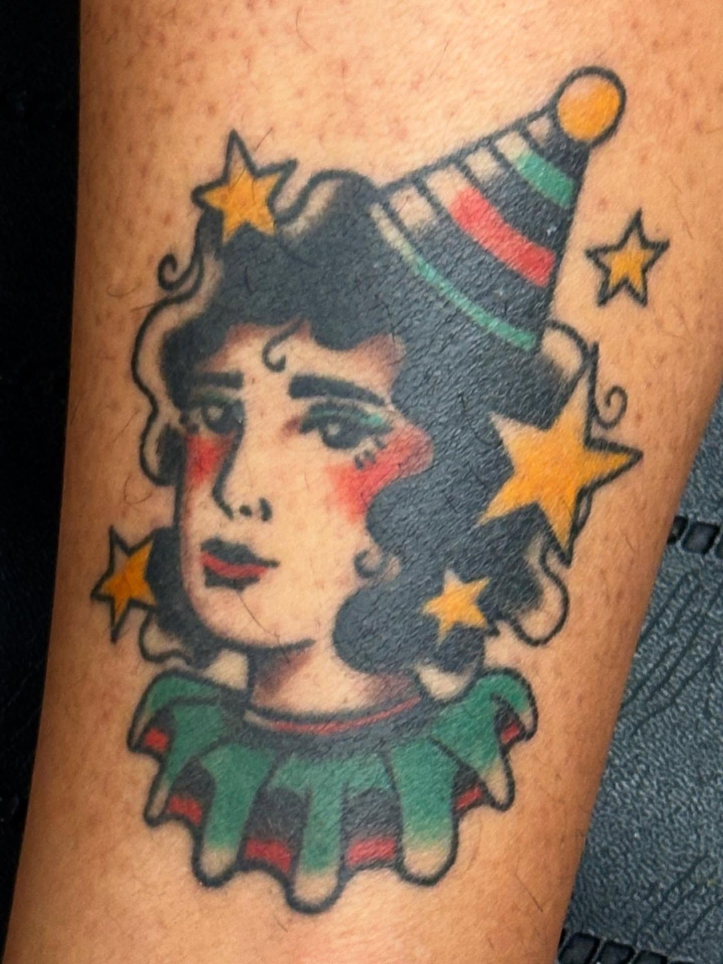 Clown American traditional tattoo on the forearm by ࿊ Emma Sloan Tattoos ࿊, Austin, Texas