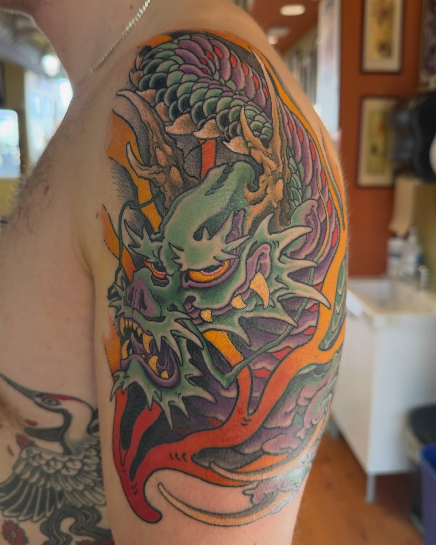 Dragon japanese irezumi tattoo on the shoulder by James Bird, Vancouver, British Columbia