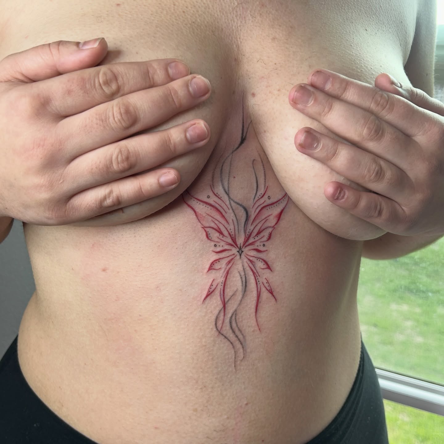 Butterfly dotwork tattoo on the chest by @tattoosbyskyeee