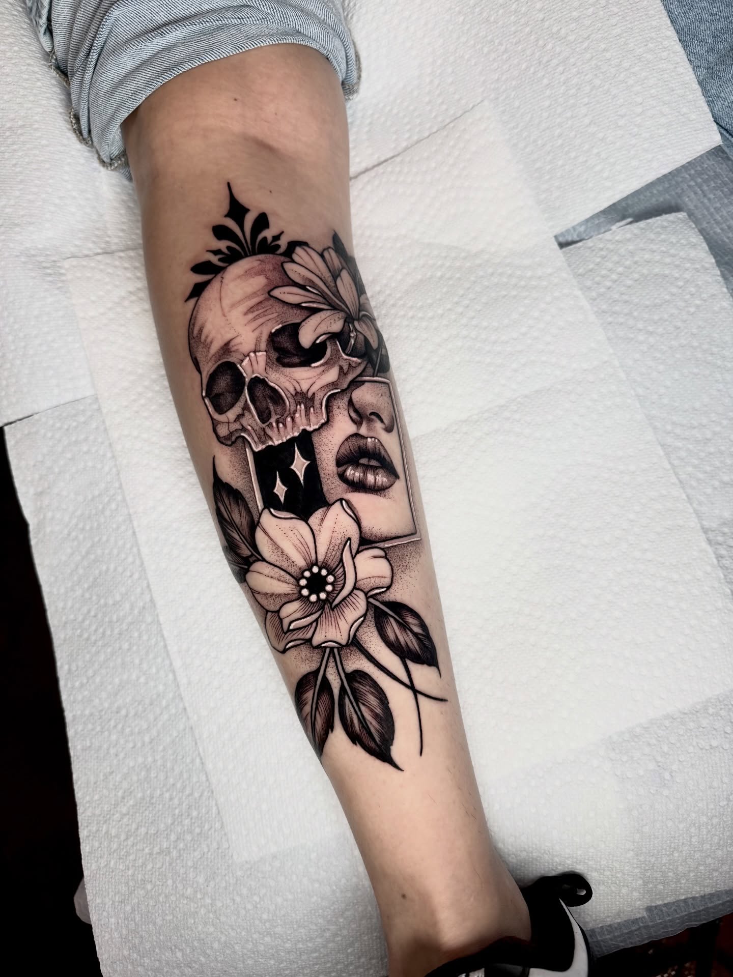 Skull and woman American traditional tattoo on the forearm by ⚡️ Krissy Fabis ⚡️