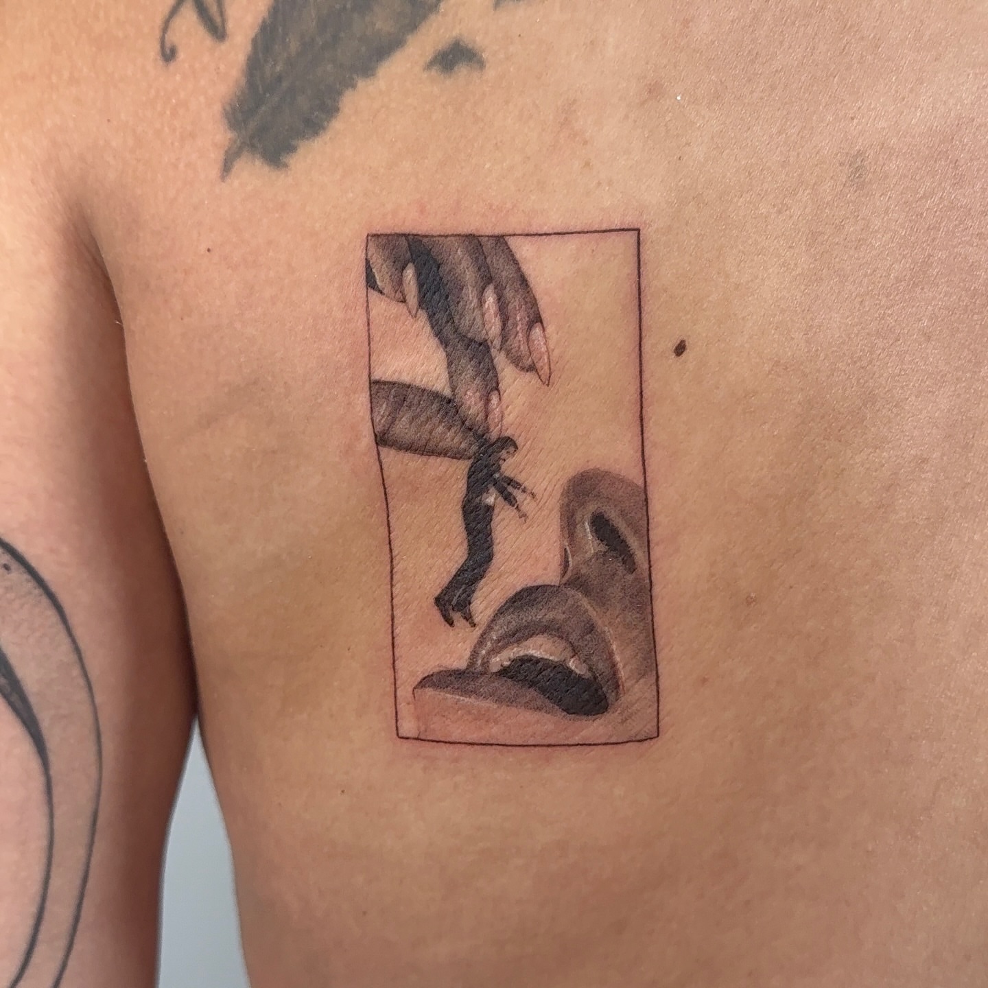 Mask and bird black and grey tattoo on the chest by bre