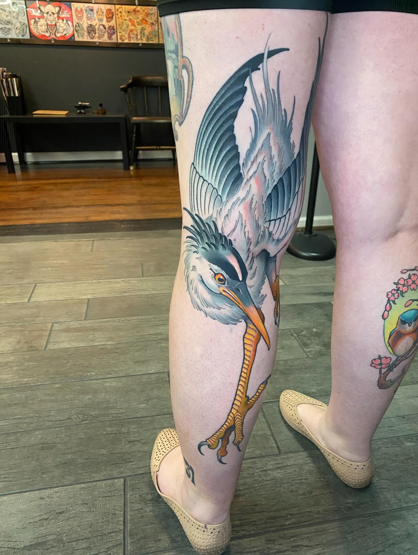 Heron American traditional tattoo on the leg by Kyle Kozek, Columbus, Ohio