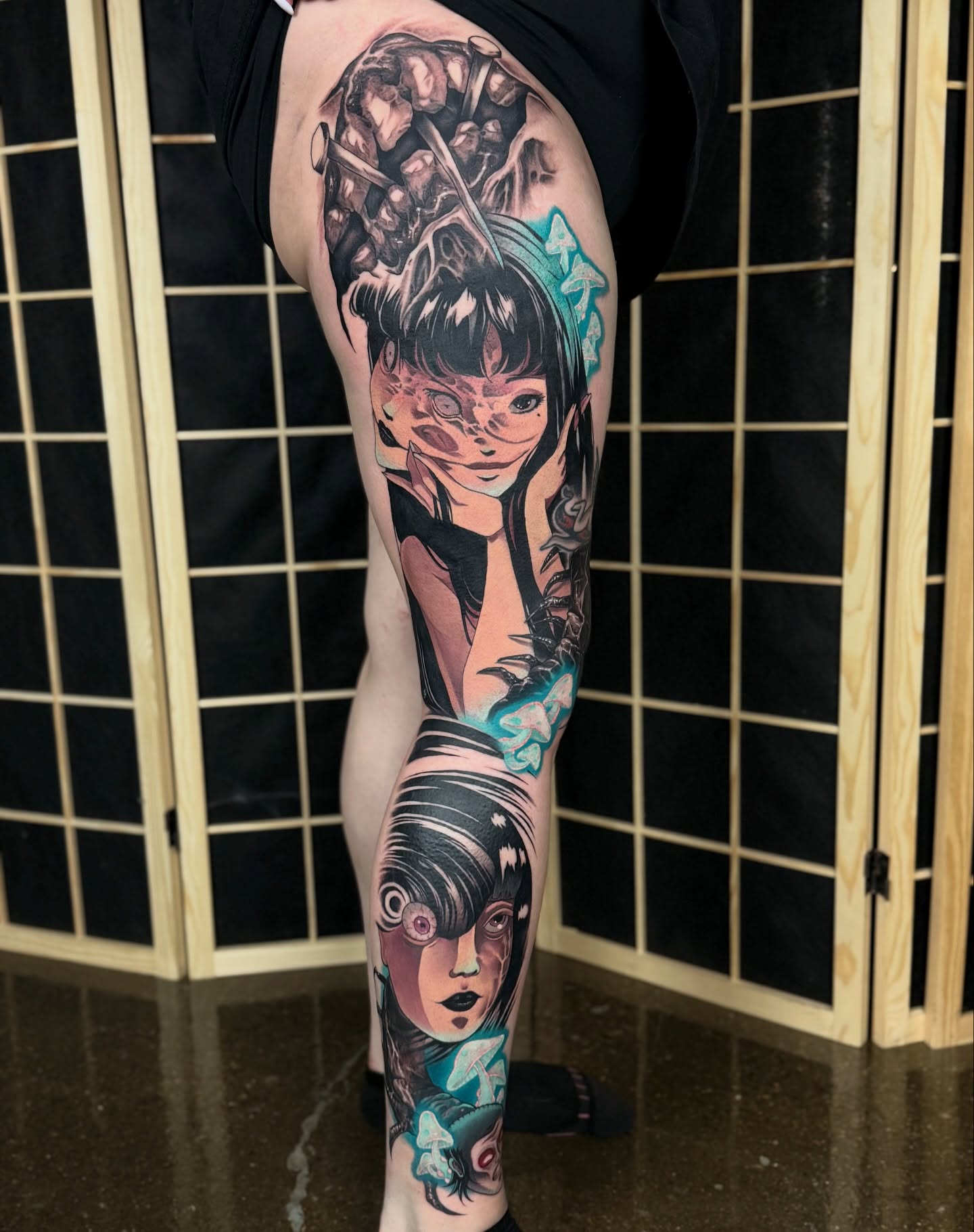 Anime-inspired woman anime tattoo on the thigh by Miles Haysmith