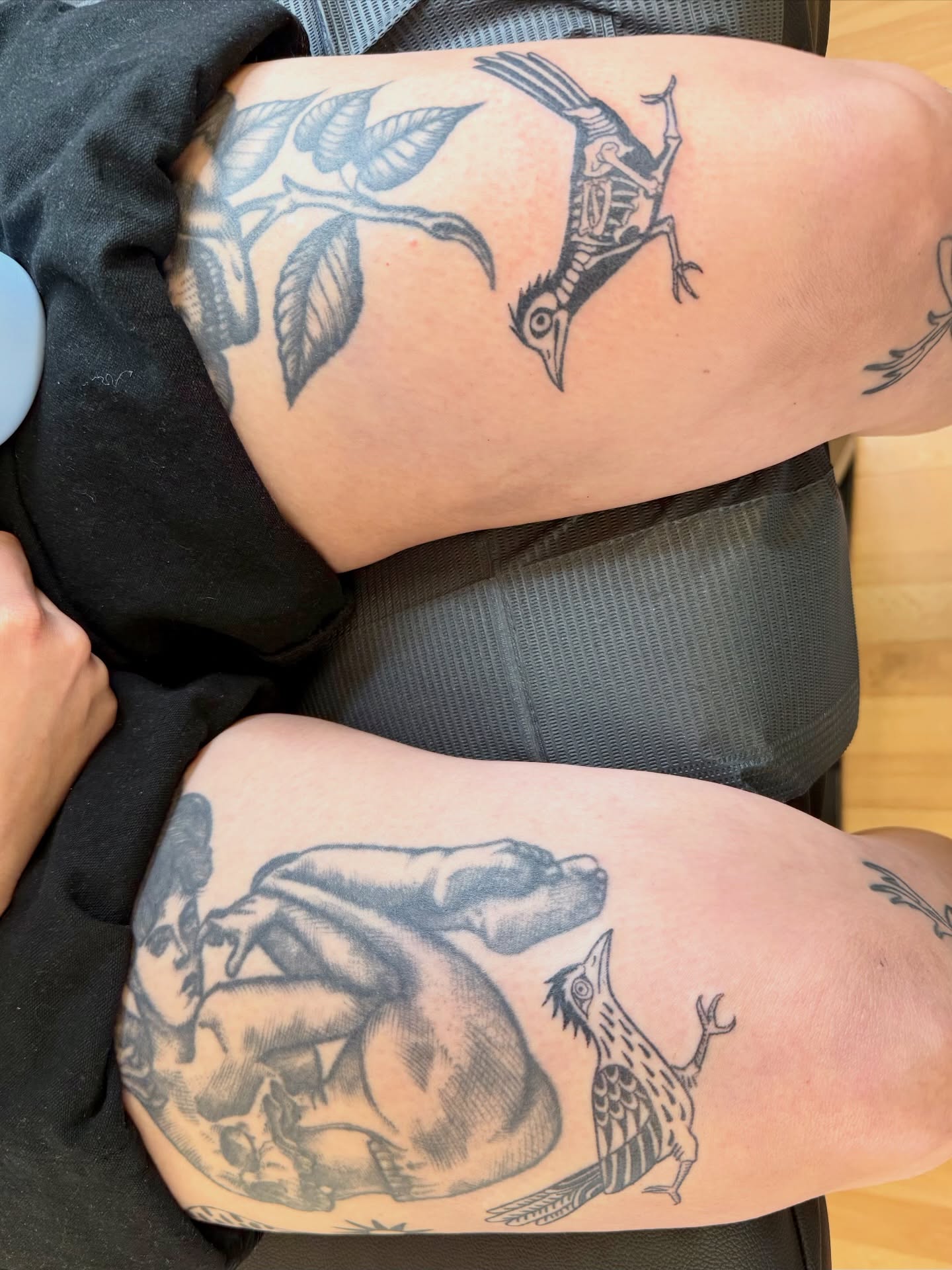 Bird skeleton and frog realism tattoo on the thigh by Melia Mariko