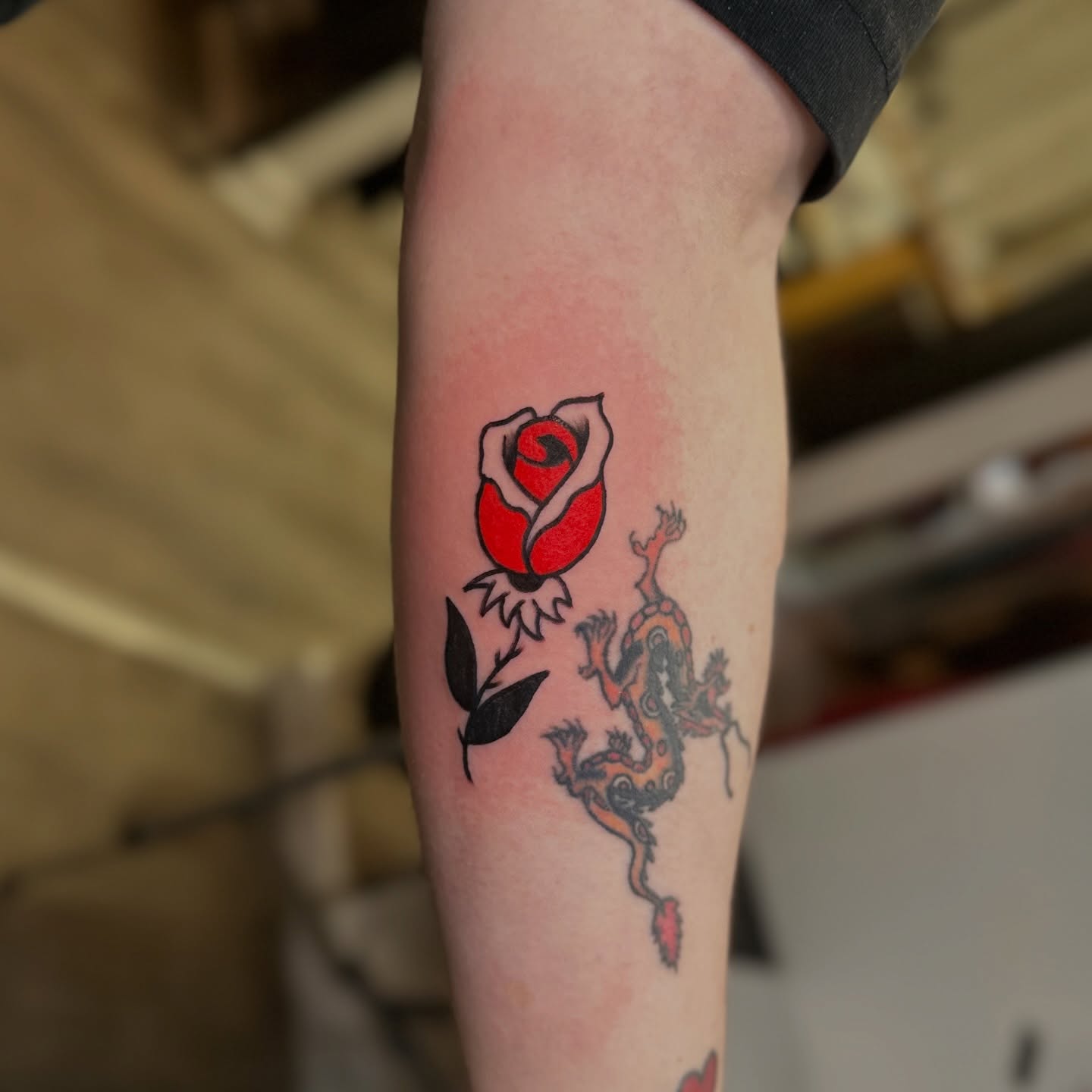 Rose and dragon American traditional tattoo on the forearm by Tyyler Santor (Tattoo Artist), Somerville, Massachusetts