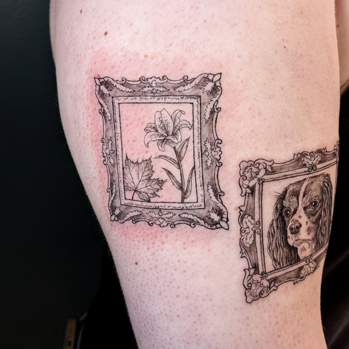 Flower and dog portrait realism tattoo on the thigh by L U C y, Knoxville, Tennessee