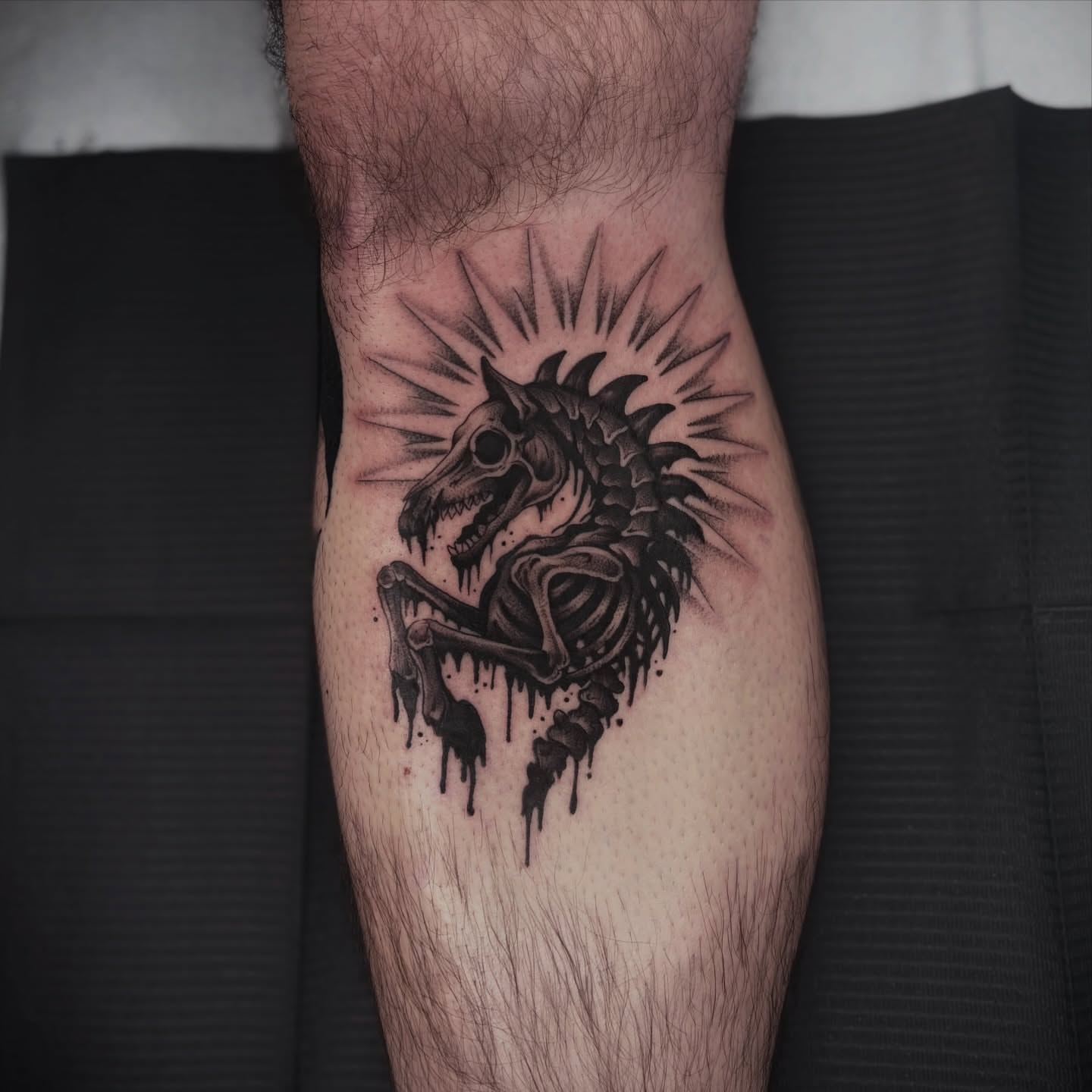 Horse skeleton dark realism tattoo on the forearm by Lauren Dempsey, Dearborn, Michigan