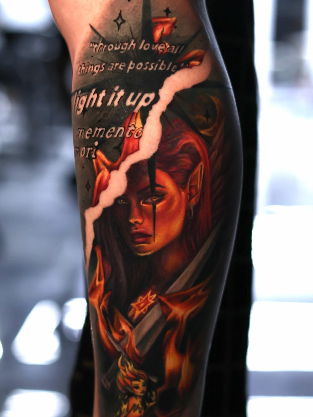 Woman with sword and flames neo-traditional tattoo on the forearm by Júlia Sorrino