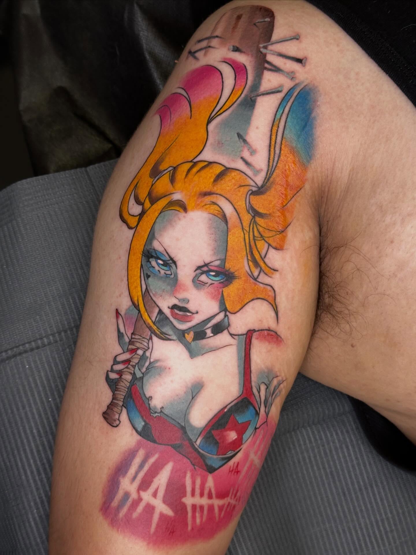 Harley Quinn new school tattoo on the thigh by 𝔅𝔞𝔱𝔅𝔬𝔫𝔢 🦇Mariah Hernandez