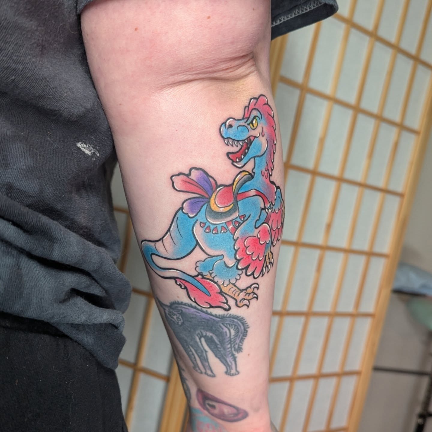 Dinosaur new school tattoo on the forearm by Nico Capriotti ๐ณ๏ธโ๐