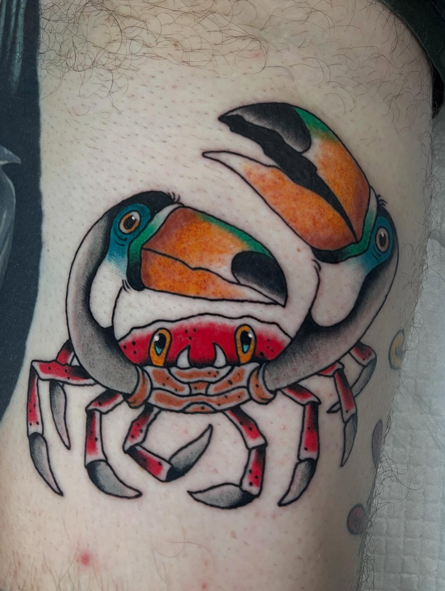 Crab American traditional tattoo on the thigh by Josh Brownell